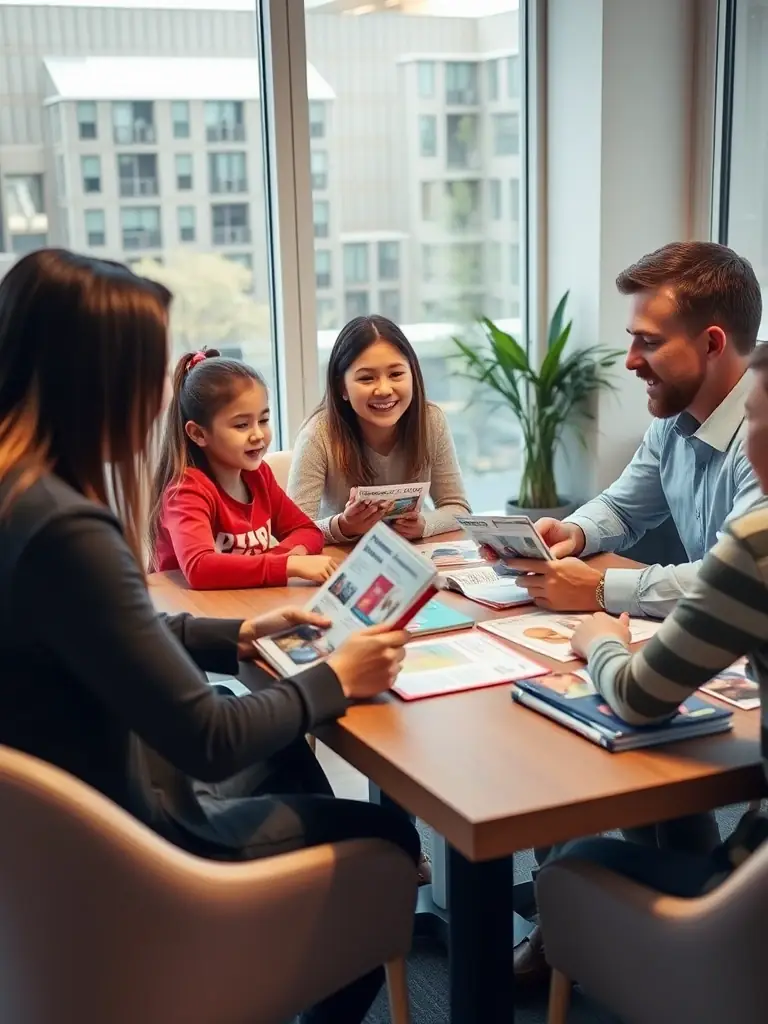 A RelocatePro consultant is helping a newly arrived expatriate family navigate the local school system in Almaty, Kazakhstan, reviewing brochures and discussing options.