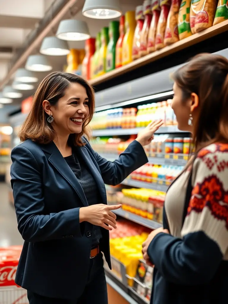 A RelocatePro representative is showing a newly arrived expatriate employee around a local grocery store, explaining the different products and brands available in Kazakhstan.