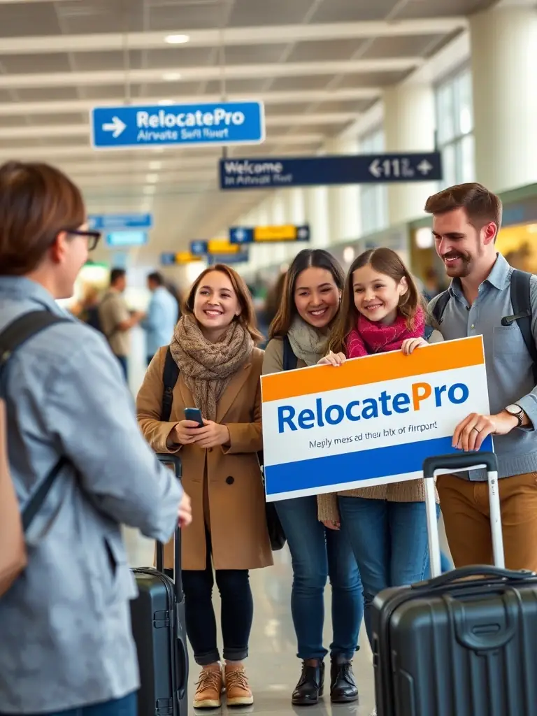 A family being greeted at the airport in Almaty, with RelocatePro representatives assisting with their arrival, emphasizing family assistance services.