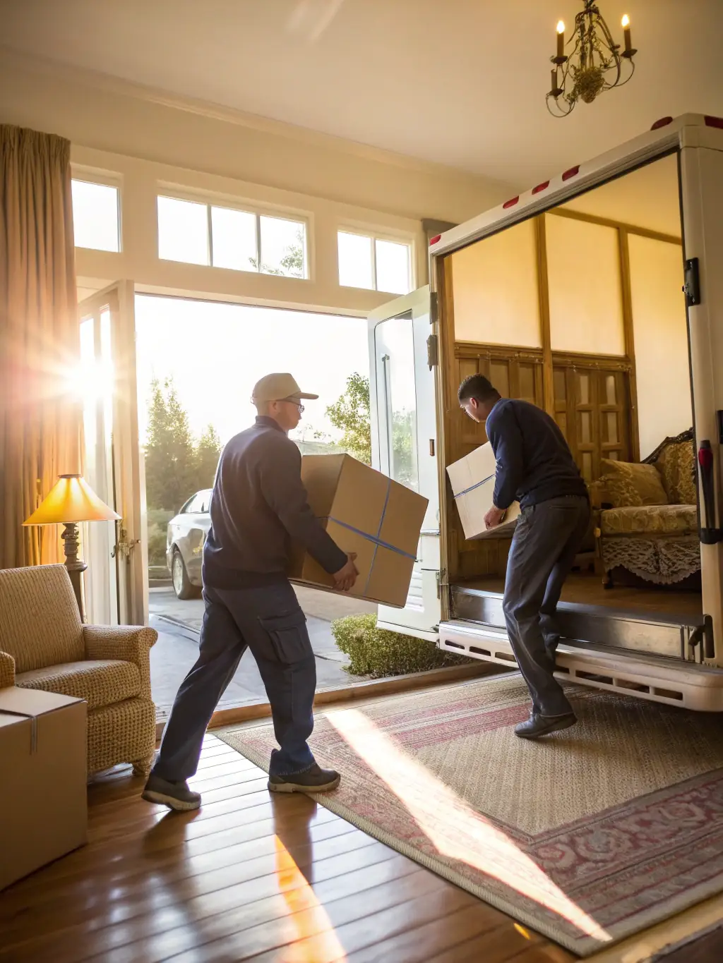 A well-organized shipment of household goods being unloaded in Kazakhstan, illustrating the logistics management services offered by RelocatePro.