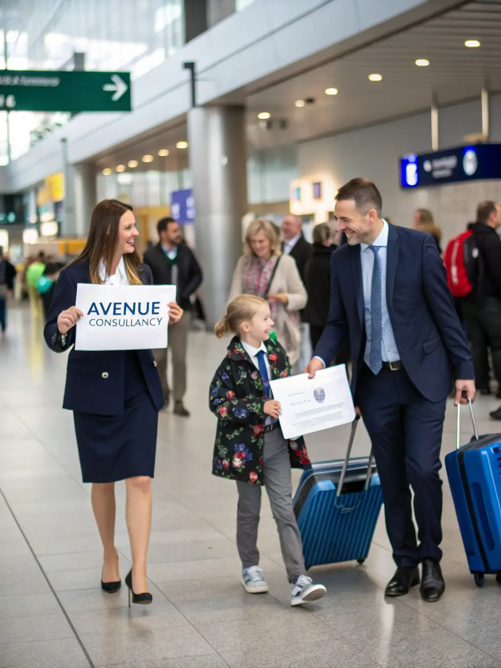 A smiling family of four is being greeted at the airport in Almaty, Kazakhstan, by a RelocatePro representative holding a welcome sign. The family looks relieved and happy.